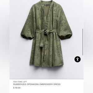 Zara | Khaki Green Open Embroidery Dress - Sz. M